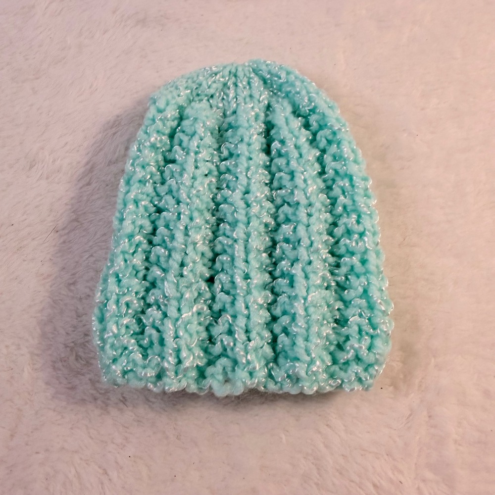Handmade Knit Beanie Preemie Aqua Blue New Shimmer Ribbed Photo Prop‎ Gift